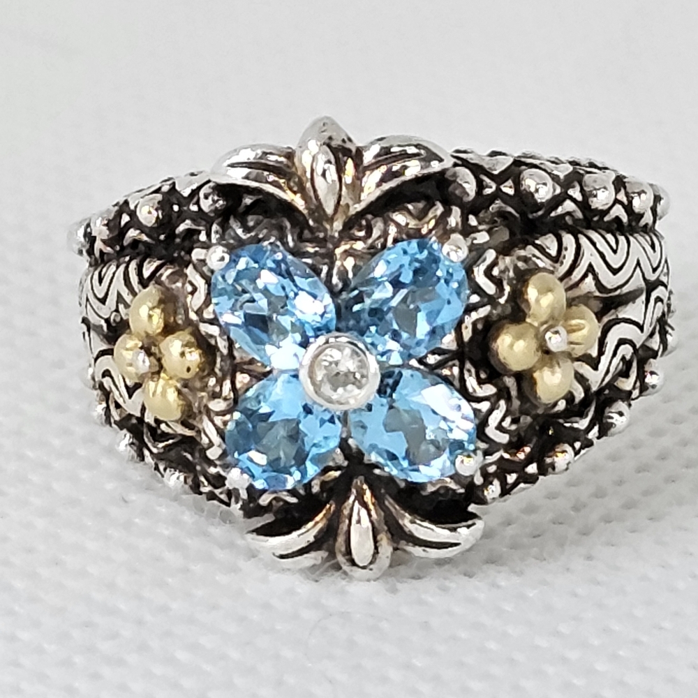 Genuine Barbara Bixby Blue Topaz Ring Sterling Silver & 18k Size 6.5 - Picture 7 of 12